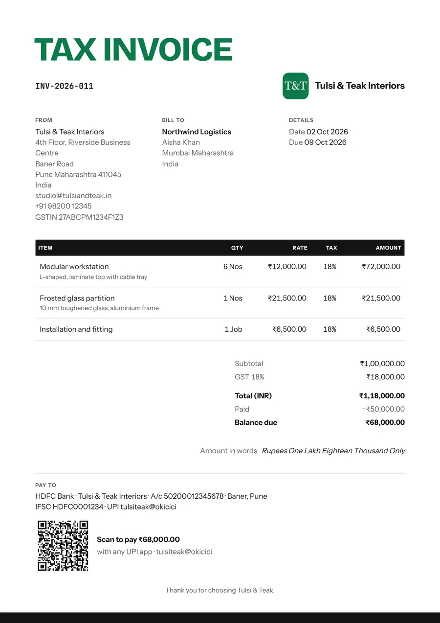An invoice in the Bold template
