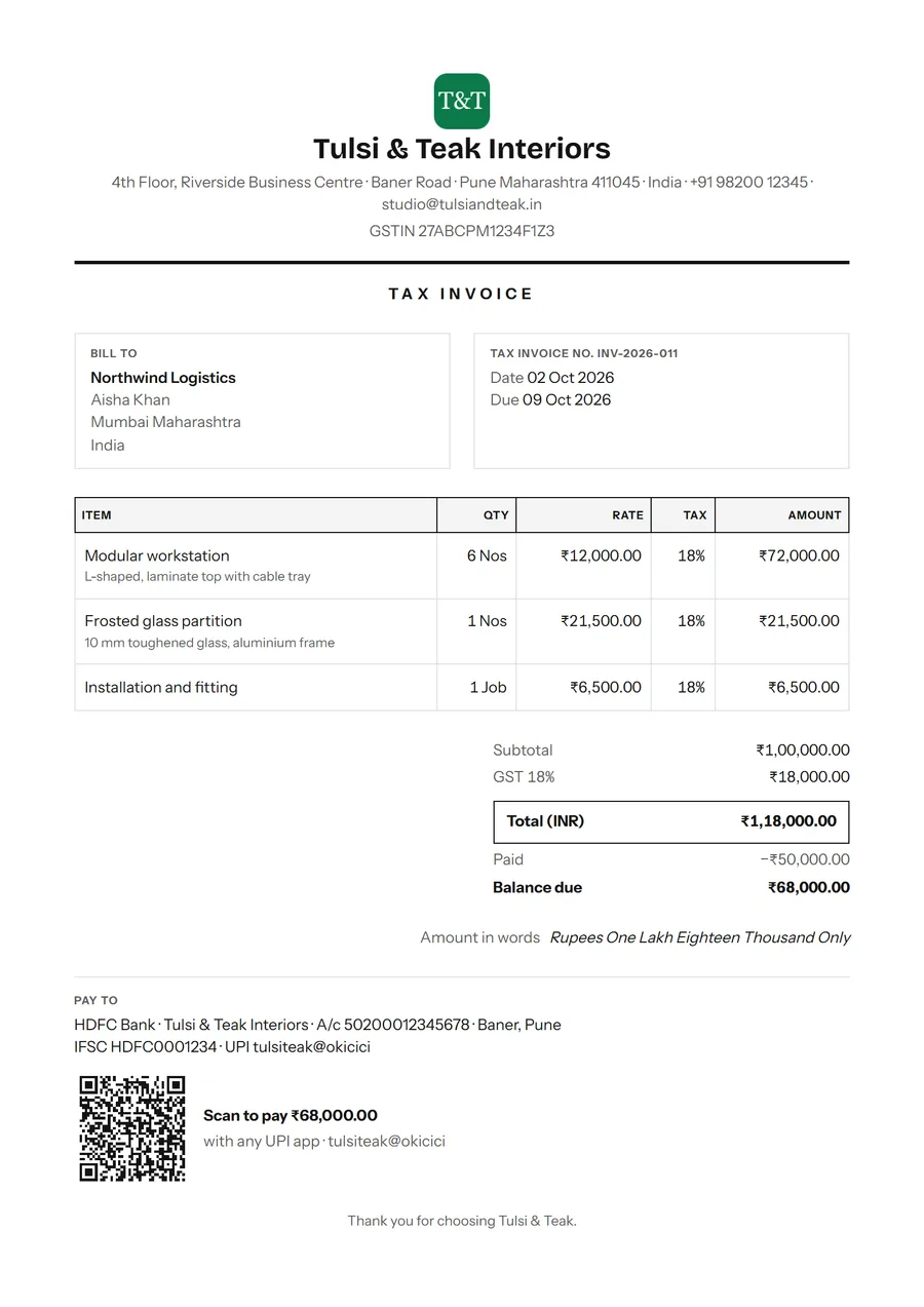 An invoice in the Classic template
