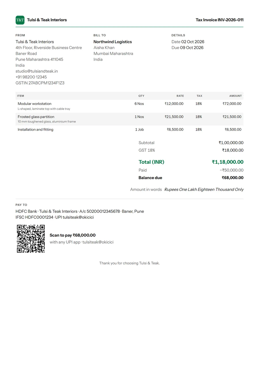 An invoice in the Compact template