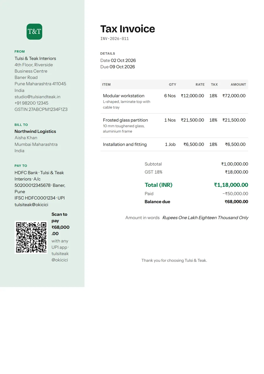 An invoice in the Creative template