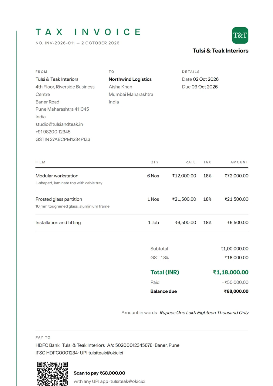 An invoice in the Elegant template