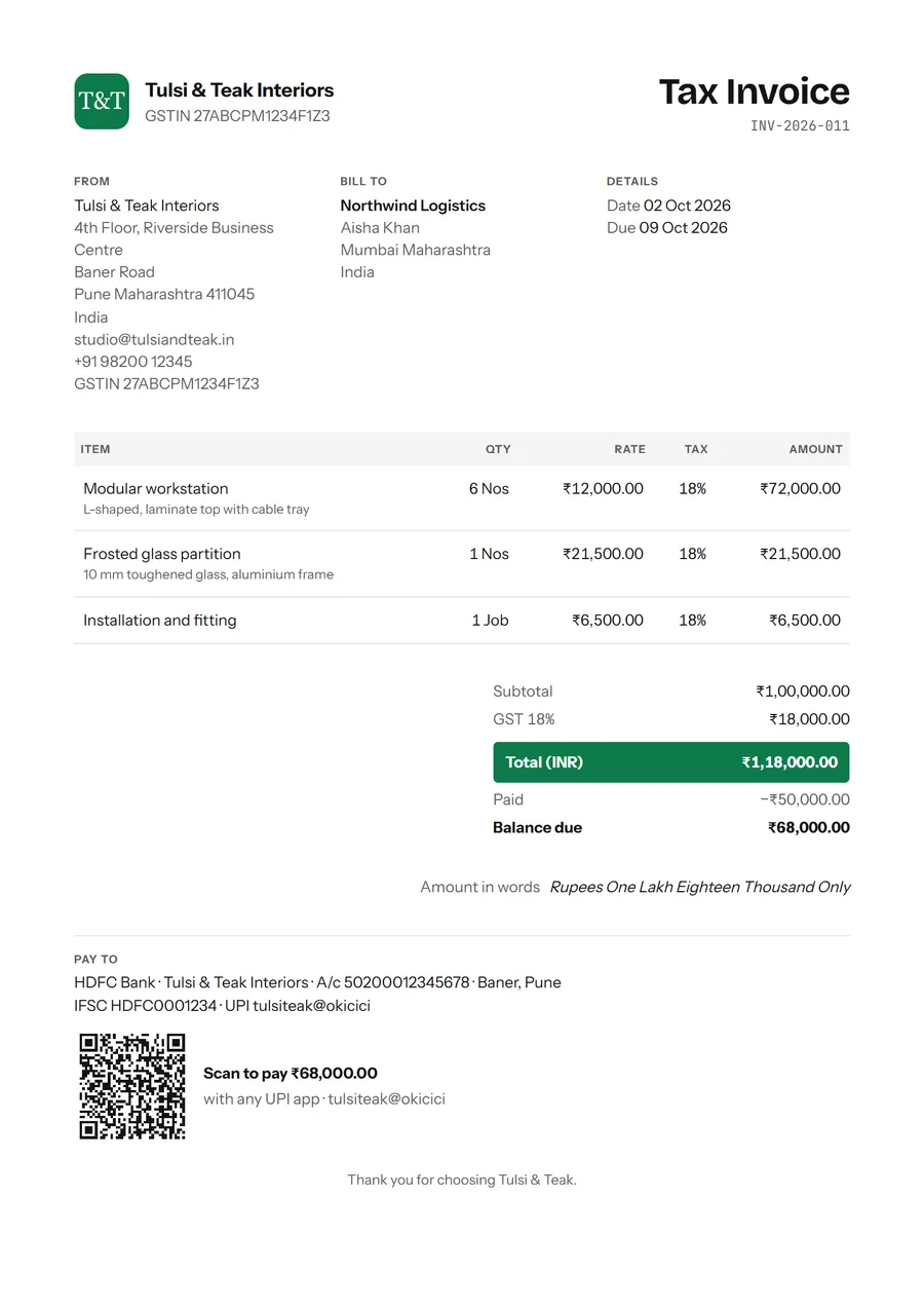 An invoice in the Modern template
