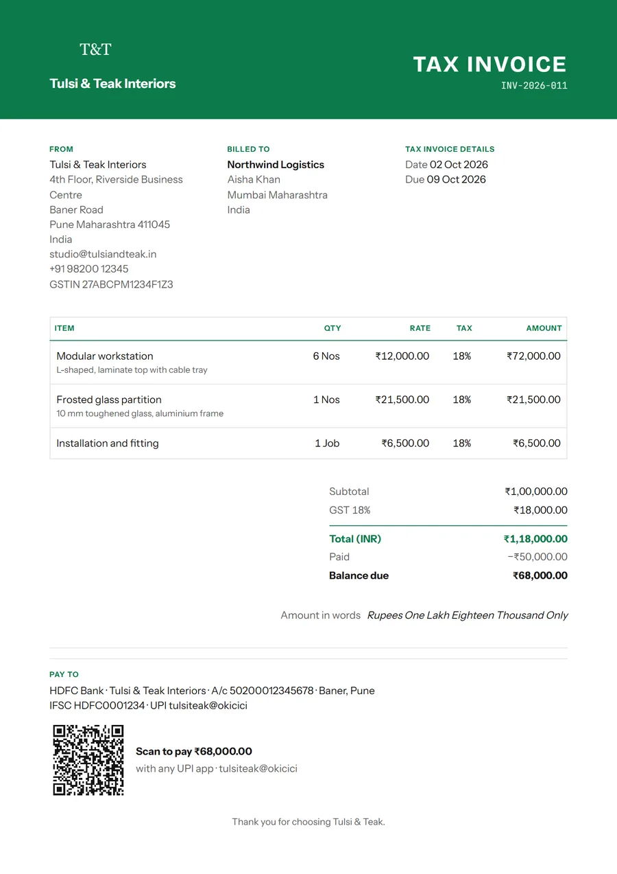 An invoice in the Professional template